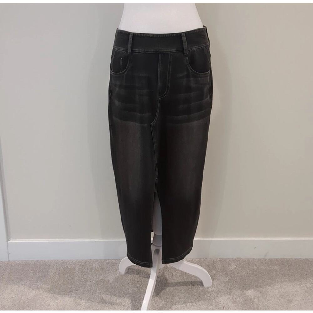 Halara Women’s M Black Wash Flex Denim Bodycon High Waisted Midi Pencil Skirt